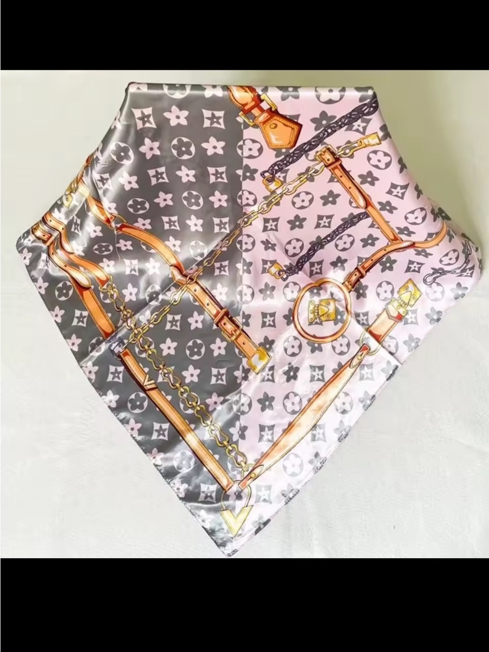 Grey & Pink Chain Print Silk Inspired Scarf - Picture 2 of 3